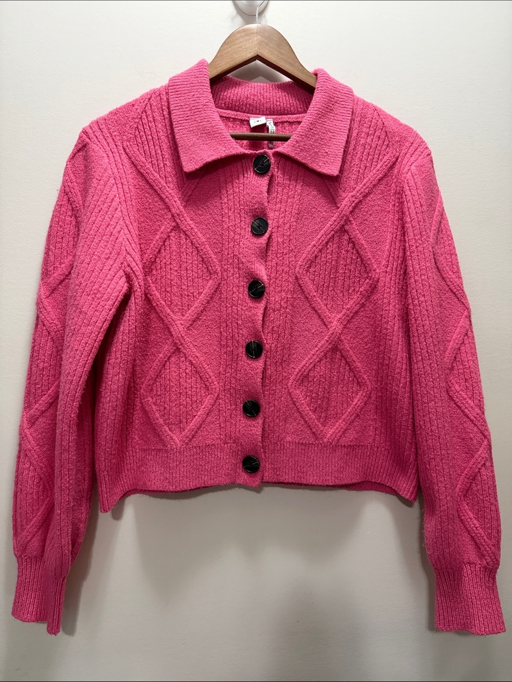 Twik Pink Cable Knit Button-Up Cardigan Sweater Size L 20.5x22